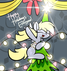 Size: 2560x2700 | Tagged: safe, artist:kimjoman, derpy hooves, pegasus, pony, bow, christmas, christmas lights, christmas tree, cute, derpy star, female, holiday, mare, solo, spread wings, text, tree, wings