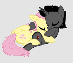 Size: 422x362 | Tagged: safe, artist:prettypuffprincess, derpibooru import, fluttershy, king sombra, pegasus, pony, unicorn, female, gray background, hug, male, mare, shipping, simple background, sleeping, sombrashy, stallion, straight