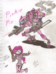 Size: 2522x3340 | Tagged: safe, artist:commandercanteets, pinkie pie, human, armor, humanized, mecha, solo, traditional art, weapon