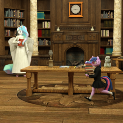 Size: 2400x2400 | Tagged: safe, artist:jawolfadultishart, princess celestia, twilight sparkle, anthro, 3d, book, bookshelf, clothes, daz studio, dress, figure, glasses, running, school uniform, skirt, table, younger