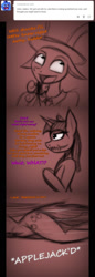 Size: 644x1865 | Tagged: safe, artist:lil miss jay, applejack, twilight sparkle, oc, oc:malice, anthro, demon, unguligrade anthro, aj the huntress, ask, ask lil miss rarity, meme face, tackle, tarot sparkle, tumblr