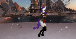 Size: 1920x986 | Tagged: safe, artist:bangayo, rarity, spike, anthro, unguligrade anthro, 3d, christmas, clothes, costume, dancing, latex, second life, sexy, snow, solo, video in description