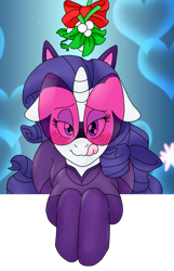 Size: 1153x1785 | Tagged: safe, artist:blackbewhite2k7, rarity, pony, unicorn, blushing, breaking the fourth wall, catwoman, clothes, costume, crossover, heart, imminent kissing, licking, licking lips, mistletoe, offscreen character, pov, solo, tongue out