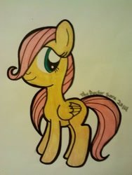 Size: 774x1032 | Tagged: safe, artist:theartistsora, fluttershy, pegasus, pony, filly, sitting, solo, traditional art