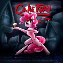 Size: 2000x2000 | Tagged: safe, artist:oksara, pinkie pie, pony, bandana, bipedal, crossover, cupcake, headband, kung fu, kung fury, simple background, solo