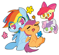 Size: 739x700 | Tagged: safe, artist:katuhira_rinmi, derpibooru import, apple bloom, rainbow dash, scootaloo, sweetie belle, pegasus, pony, blank flank, cute, cutie mark crusaders, eye clipping through hair, female, filly, floppy ears, mare, no pupils, open mouth, pixiv, simple background, white background