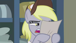 Size: 1920x1080 | Tagged: safe, screencap, derpy hooves, best gift ever, post office, reading, solo