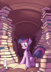 Size: 1413x2000 | Tagged: safe, artist:subjectnumber2394, derpibooru import, twilight sparkle, twilight sparkle (alicorn), alicorn, pony, book, candle, canterlot, chemistry, cup, drink, female, glasses, mare, pile, reading, science, solo