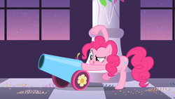 Size: 1280x720 | Tagged: safe, screencap, pinkie pie, earth pony, pony, sweet and elite, party cannon, solo, tongue out