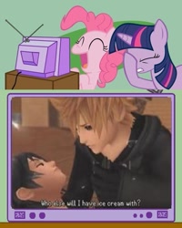 Size: 599x750 | Tagged: safe, derpibooru import, pinkie pie, twilight sparkle, earth pony, pony, exploitable meme, facehoof, ice cream, kingdom hearts, kingdom hearts 358/2 days, meme, mixed reactions, narm, obligatory pony, out of context, roxas, tv meme, xion