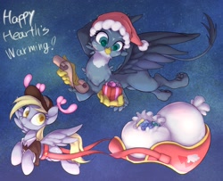 Size: 2633x2137 | Tagged: safe, artist:noupu, derpy hooves, gabby, griffon, pegasus, pony, christmas, duo, female, flying, hat, hearth's warming, holiday, mailmare, mare, present, quadrupedal, santa hat, scroll