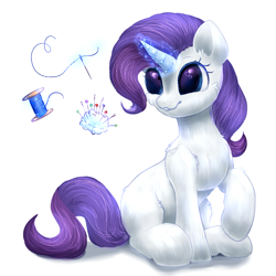 Size: 2000x2000 | Tagged: safe, artist:peachmayflower, rarity, pony, unicorn, fluffy, heart eyes, levitation, magic, needle, simple background, solo, spool, telekinesis, thread, white background, wingding eyes