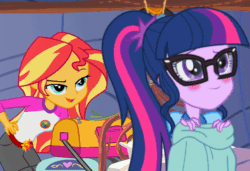 Size: 640x438 | Tagged: safe, screencap, sci-twi, sunset shimmer, twilight sparkle, equestria girls, legend of everfree, animated, blushing, camp everfree outfits, gif