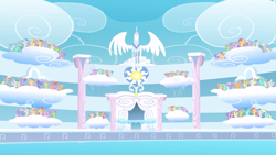 Size: 2880x1620 | Tagged: safe, screencap, cloud kicker, derpy hooves, dizzy twister, lightning bolt, lyra heartstrings, merry may, orange swirl, parasol, rainbowshine, sassaflash, spring melody, sprinkle medley, white lightning, pegasus, pony, unicorn, sonic rainboom (episode), audience, background pony, background pony audience, cheering, cloud, cloudiseum, endless clouds, female, high spirits, mare, multeity, rosewing, self ponidox, stadium, statue, wing wishes