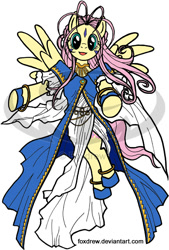 Size: 584x864 | Tagged: safe, artist:foxdrew, fluttershy, pegasus, pony, ah my goddess, belldandy, crossover, norn, solo, verdandi, watermark