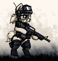 Size: 2244x2380 | Tagged: safe, artist:jetwave, oc, oc only, oc:treasure, earth pony, pony, antennae, ar15, bipedal, body armor, clothes, female, gear, goggles, gun, hair tie, headgear, helmet, leotard, m4a1, military, operator, rifle, socks, solo, thigh highs, tired, torn clothes, weapon