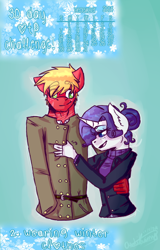 Size: 436x683 | Tagged: safe, artist:fluffyrainbowkitty, big macintosh, rarity, anthro, clothes, cute, height difference, male, rarimac, scarf, shipping, snow, straight, winter