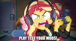 Size: 888x485 | Tagged: safe, screencap, fluttershy, sunset shimmer, better together, equestria girls, game stream, alchestbreach, fallout, fallout: new vegas, game mod, gamer sunset, gamershy, meme, rageset shimmer, sunset gamer, sunset shimmer frustrated at game, sunset's apartment, video game