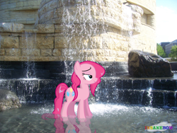 Size: 2832x2128 | Tagged: safe, artist:wolfgangthe3rd, pinkie pie, bedroom eyes, building, irl, photo, ponies in real life, reflection, rock, solo, vector, waterfall, wet mane