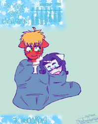 Size: 484x610 | Tagged: safe, artist:fluffyrainbowkitty, big macintosh, rarity, anthro, 30 day otp challenge, blanket, clothes, cute, height difference, male, rarimac, scarf, shipping, sleeping, snoring, snow, snuggling, straight, winter