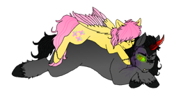 Size: 1024x558 | Tagged: safe, artist:slendercats, derpibooru import, fluttershy, king sombra, pegasus, pony, unicorn, colored horn, colored wings, curved horn, female, horn, male, mare, multicolored wings, one eye closed, shipping, simple background, sleeping, sombra eyes, sombra horn, sombrashy, stallion, straight, transparent background, wings