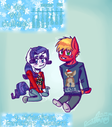 Size: 488x556 | Tagged: safe, artist:fluffyrainbowkitty, big macintosh, rarity, anthro, 30 day otp challenge, clothes, cute, height difference, male, rarimac, shipping, straight, winter