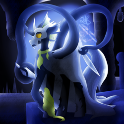 Size: 5800x5800 | Tagged: safe, artist:florarena-kitasatina/dragonborne fox, derpibooru import, oc, oc:flavis, changeling, absurd resolution, background light, changeling oc, cloak, clothes, columns, commission, crossover, forgotten crossroads, hollow knight, knife, mask, signature, simple background, spikes, tentacles, watermark, weapon, yellow changeling