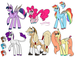 Size: 2048x1536 | Tagged: safe, artist:summer-cascades, derpibooru import, applejack, fluttershy, pinkie pie, rainbow dash, rarity, twilight sparkle, twilight sparkle (alicorn), alicorn, earth pony, pegasus, pony, unicorn, mane six, redesign, reference sheet