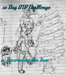 Size: 1024x1173 | Tagged: safe, artist:fluffyrainbowkitty, big macintosh, rarity, sweetie belle, anthro, 30 day otp challenge, blushing, christmas tree, clothes, cute, grayscale, group, height difference, lined paper, male, monochrome, piggyback ride, rarimac, shipping, sketch, straight, traditional art, winter