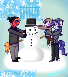 Size: 488x556 | Tagged: safe, artist:fluffyrainbowkitty, big macintosh, rarity, sweetie belle, anthro, earth pony, unicorn, 30 day otp challenge, clothes, cute, hat, height difference, male, rarimac, scarf, shipping, snowman, straight, top hat, winter