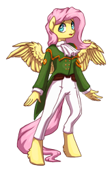 Size: 924x1407 | Tagged: safe, artist:koviry, fluttershy, anthro, pegasus, clothes, crossover, jacket, sakura wars, solo