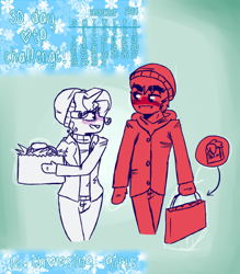 Size: 488x556 | Tagged: safe, artist:fluffyrainbowkitty, big macintosh, rarity, anthro, 30 day otp challenge, clothes, cute, height difference, male, present, rarimac, shipping, straight, winter