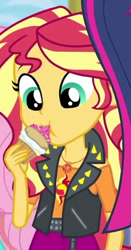 Size: 297x565 | Tagged: safe, screencap, sci-twi, sunset shimmer, twilight sparkle, equestria girls, cupcake, cute, eating, food, shimmerbetes, solo focus