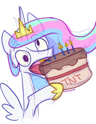 Size: 500x648 | Tagged: safe, artist:rainspeak, princess celestia, alicorn, pony, cake, cakelestia, derplestia, eating, explosives, food, stoopid monkey, stupidity, this will end in tears and/or a journey to the moon, tnt