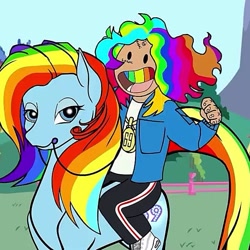 Size: 663x663 | Tagged: artist needed, source needed, safe, derpibooru import, rainbow dash, human, pony, g3, 6ix9ine, humans riding ponies, rainbow, rainbow hair, riding