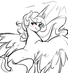 Size: 1280x1357 | Tagged: safe, artist:glacierclear, princess celestia, alicorn, pony, back, bedroom eyes, blushing, covering, female, large wings, long tail, looking at you, looking back, love handles, mare, monochrome, plot, plump, smiling, solo, spine, spread wings, sunlight, sunshine, swanlestia