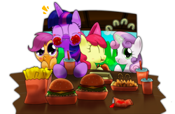 Size: 1700x1105 | Tagged: safe, artist:hoyeechun, derpibooru import, apple bloom, scootaloo, sweetie belle, twilight sparkle, twilight sparkle (alicorn), alicorn, pony, twilight time, cutie mark crusaders, duckface, eating, female, food, french fries, hay burger, mare, messy eating, pixiv, table, that pony sure does love burgers, twilight burgkle