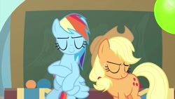 Size: 1280x720 | Tagged: safe, derpibooru import, screencap, applejack, rainbow dash, earth pony, pegasus, pony, teacher of the month (episode), spoiler:interseason shorts, chalkboard