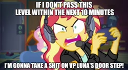 Size: 888x485 | Tagged: safe, edit, edited screencap, screencap, fluttershy, sunset shimmer, better together, equestria girls, game stream, fanfic in the description, gamer sunset, implied gamer luna, meme, rageset shimmer, sunset gamer, sunset shimmer frustrated at game, sunset's apartment, video game, vulgar