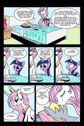 Size: 794x1189 | Tagged: safe, artist:leon-z, princess celestia, twilight sparkle, twilight sparkle (alicorn), oc, alicorn, pony, comic:returns endings & beginnings, bed, comic, thunderbolt, vase