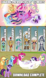 Size: 500x843 | Tagged: safe, derpibooru import, edit, edited screencap, screencap, applejack, flash magnus, fluttershy, meadowbrook, mistmane, pinkie pie, rainbow dash, rarity, rockhoof, somnambula, star swirl the bearded, twilight sparkle, twilight sparkle (alicorn), alicorn, earth pony, pegasus, pony, unicorn, female, headcanon, lore headcanon, male, mane six, mare, pillars of equestria, rainbow power, stallion