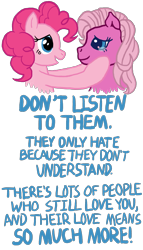 Size: 1035x1806 | Tagged: safe, artist:anscathmarcach, pinkie pie, pinkie pie (g3), earth pony, pony, g3, blue text, comforting, crying, female, mare, ponies defending previous generation, self ponidox, simple background, text, transparent background