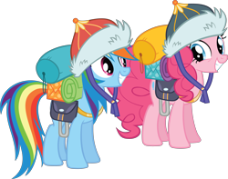 Size: 12097x9544 | Tagged: safe, artist:gen-ma, derpibooru import, pinkie pie, rainbow dash, earth pony, pegasus, pony, the lost treasure of griffonstone, .svg available, absurd resolution, bags, duo, equipment, female, hat, looking at each other, mare, mongolian shepherd hat, simple background, smiling, transparent background, vector