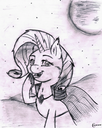 Size: 1992x2500 | Tagged: safe, artist:crimson, rarity, pony, unicorn, vampire, vampony, clothes, dress, monochrome, moon, solo