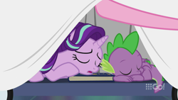 Size: 1280x720 | Tagged: safe, screencap, pinkie pie, spike, starlight glimmer, dragon, earth pony, pony, unicorn, spoiler:cakes for the memories, spoiler:mlp friendship is forever, 9go, australia, book, cakes for the memories, cute, scrapbook, sleeping, winged spike