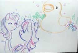 Size: 4032x2768 | Tagged: safe, artist:dawnfire, rarity, starlight glimmer, twilight sparkle, twilight sparkle (alicorn), alicorn, pony, unicorn, crayon drawing, irl, photo, rubber duck, sketch, traditional art, yelling