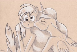 Size: 5054x3415 | Tagged: safe, artist:peruserofpieces, derpy hooves, oc, oc:star scribe, alicorn, pegasus, blushing, female, floppy ears, kissing, lesbian, pencil drawing, secret santa, surprise kiss, surprised, toned paper, traditional art