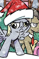 Size: 288x432 | Tagged: safe, artist:agnesgarbowska, edit, editor:serhio339, idw, derpy hooves, doctor whooves, earth pony, pegasus, pony, spoiler:comic, spoiler:comicponyvillemysteries4, :c, >:c, angry, christmas, cute, derpabetes, frown, hat, holiday, madorable, ponyville mysteries, santa hat, snow, snowfall, spread wings, wings, winter
