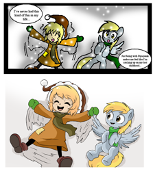 Size: 2346x2634 | Tagged: safe, artist:neoncabaret, derpy hooves, oc, oc:mel, human, comic:derpy's wish, clothes, comic, comparison, draw this again, eyes closed, open mouth, redraw, remake, scarf