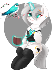 Size: 1300x1700 | Tagged: safe, artist:ark nw, oc, oc only, oc:elisabeth helaku, bird, pony, unicorn, clothes, cute, cutie mark, drawing, ear piercing, female, glowing horn, green eyes, hairpin, looking up, magic, mare, piercing, smiling, solo, stockings, telekinesis, thigh highs, uniform